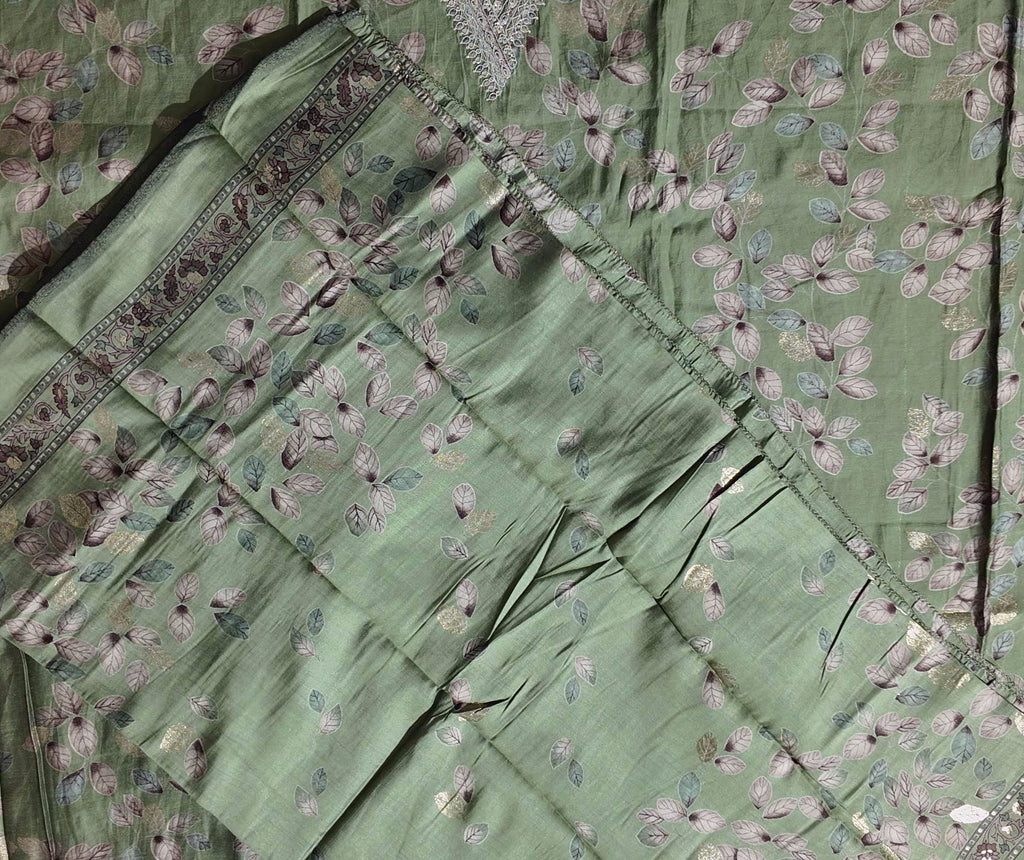 Enchanted Leaf Motif Unstitched Suit with Intricate Lace