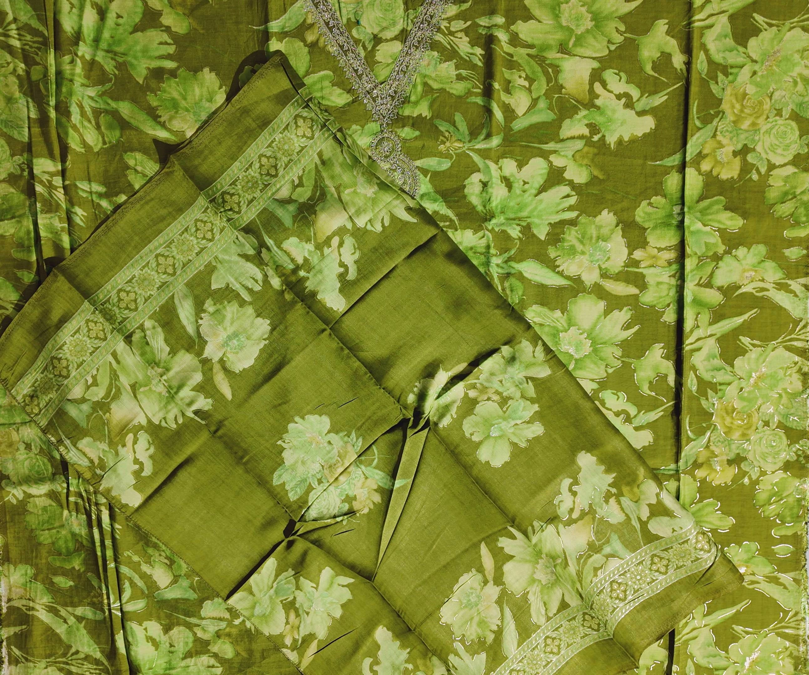 Floral Opulence: Luxurious Green Unstitched Suit Fabric",