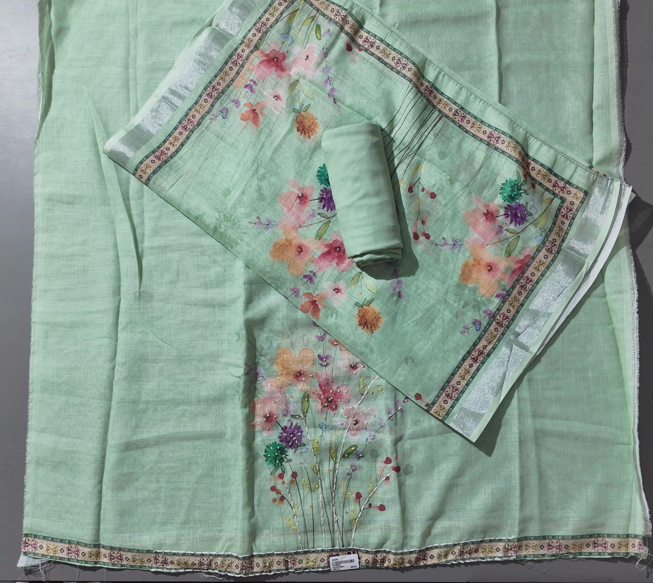 Floral Fantasy: Refreshing Mint Unstitched Suit Set",