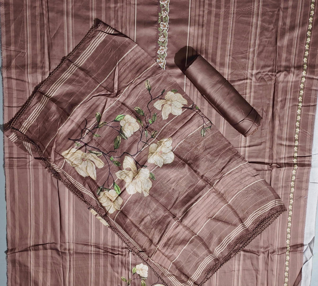 Charming Chocolate Unstitched Suit with Floral Embroidery