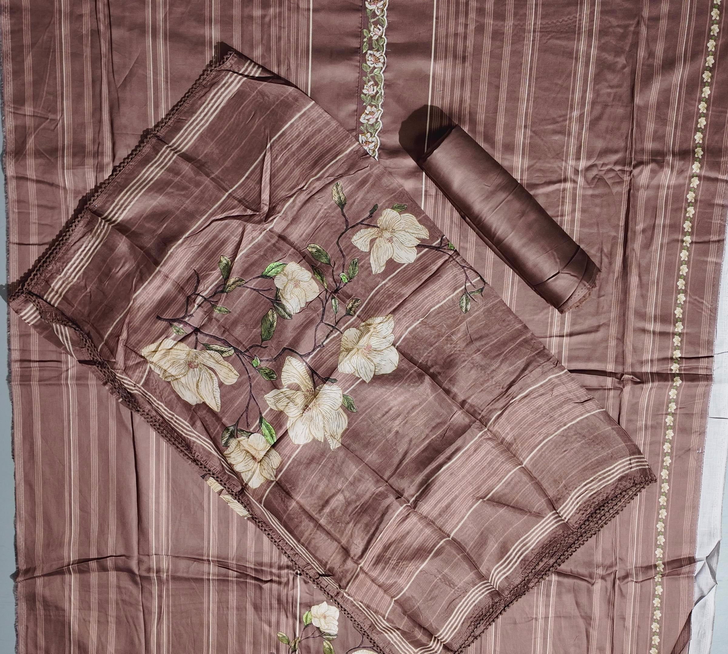 Charming Chocolate Unstitched Suit with Floral Embroidery",