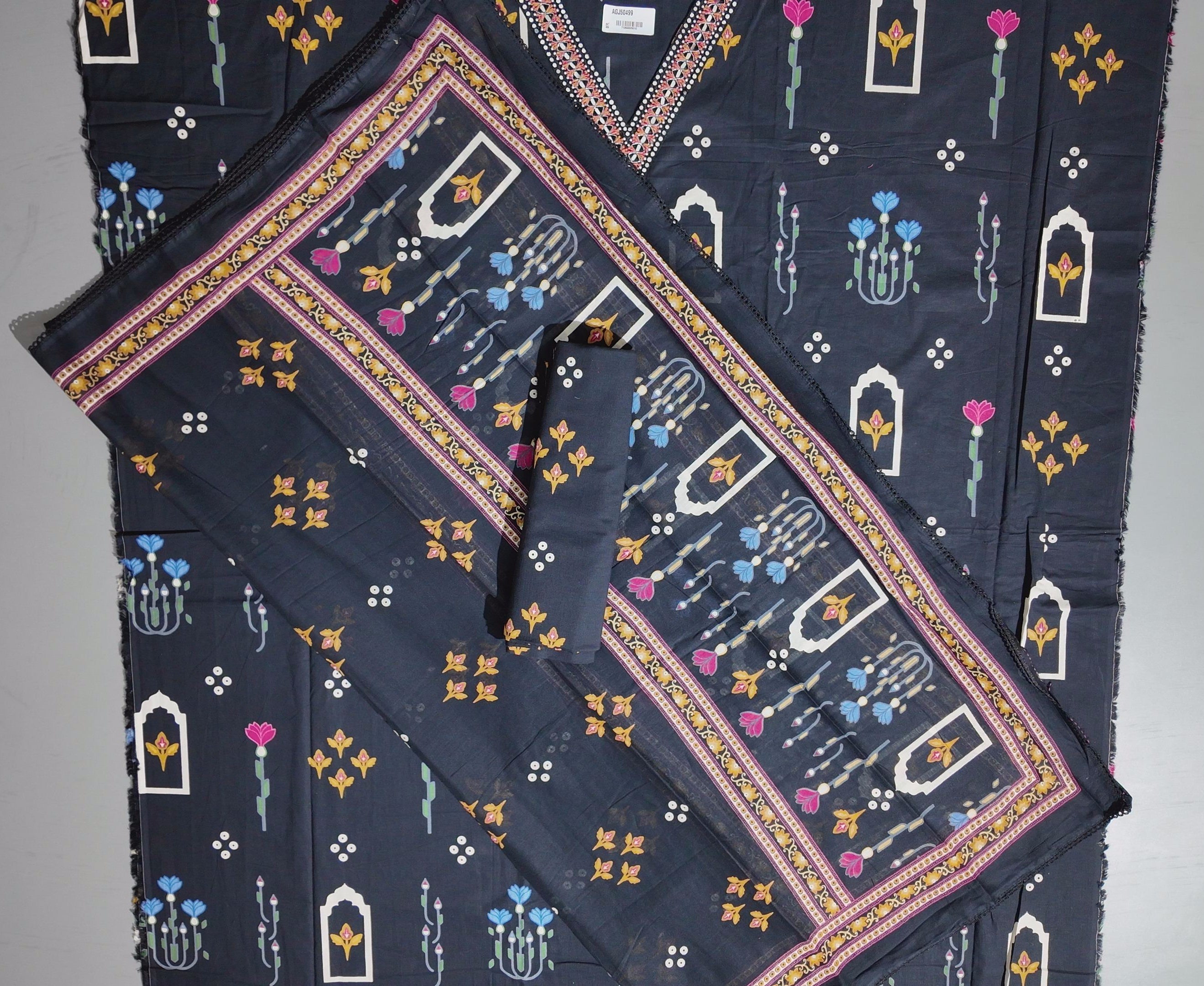 Midnight Blossom: Unstitched Floral Suit with Intricate Embroidery