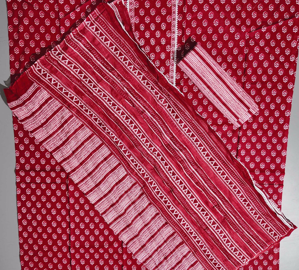 Crimson Blossom Unstitched Suit with Intricate Craftsmanship