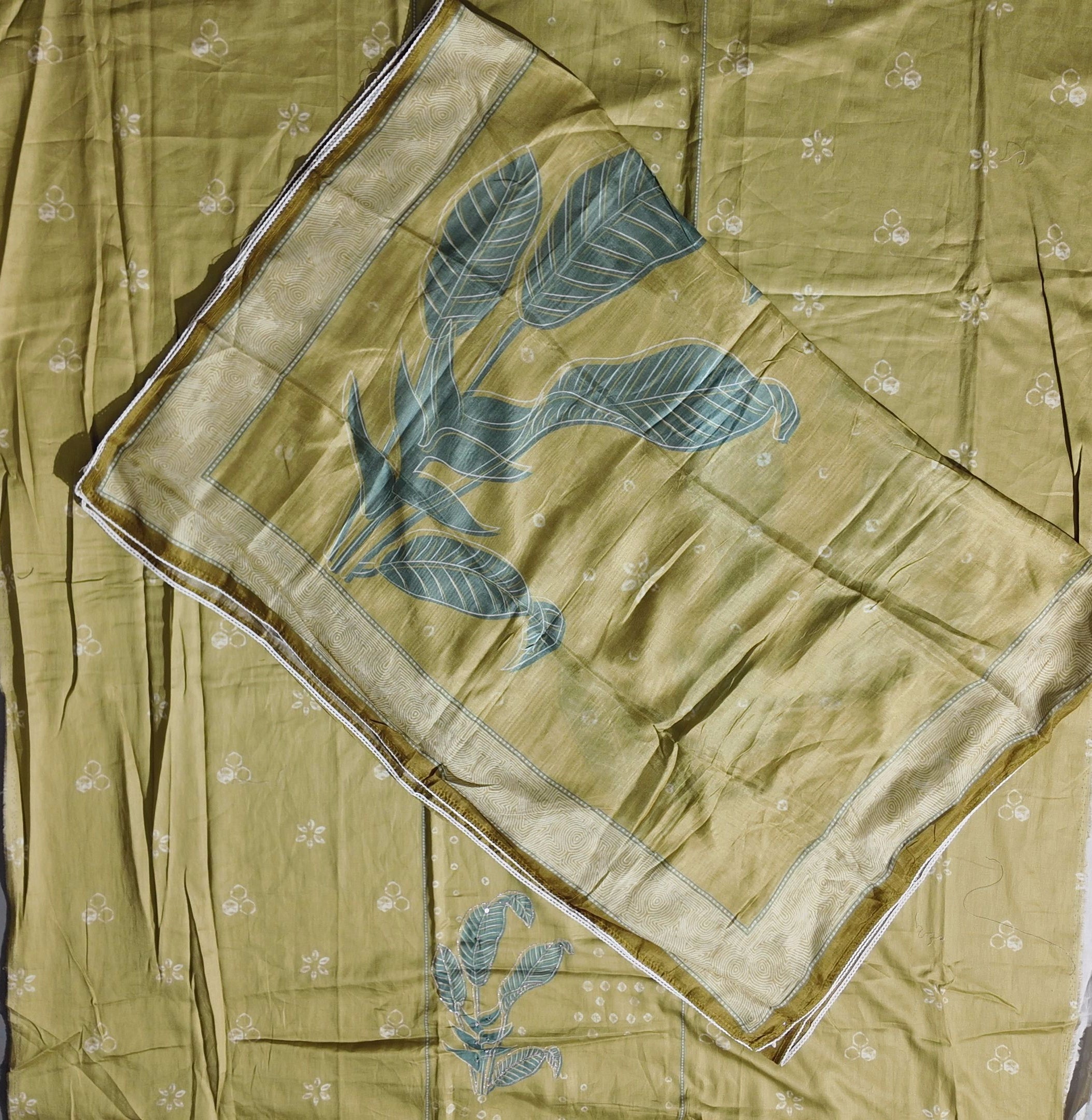 Chic Sage & Sky Unstitched Suit with Leafy Elegance