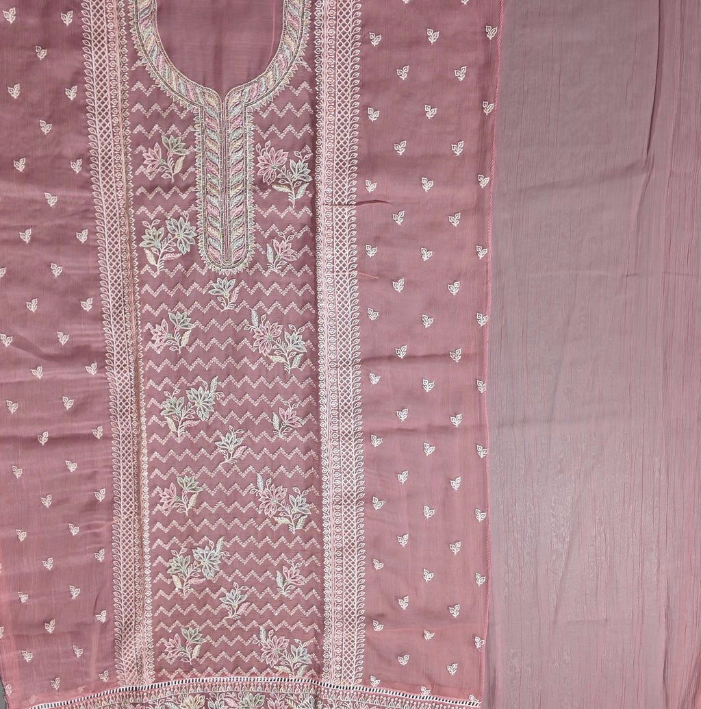 Chic Coral Unstitched Suit: Intricate Embroidery & Luxurious Texture