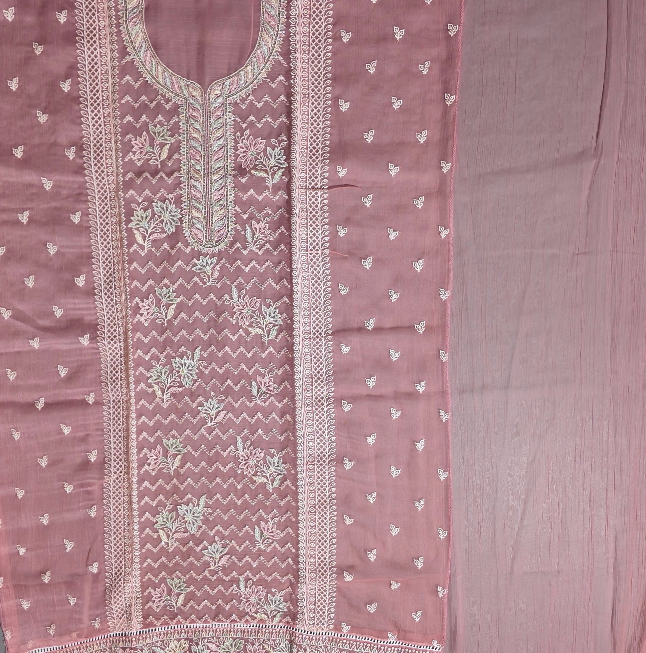 Chic Coral Unstitched Suit: Intricate Embroidery & Luxurious Texture