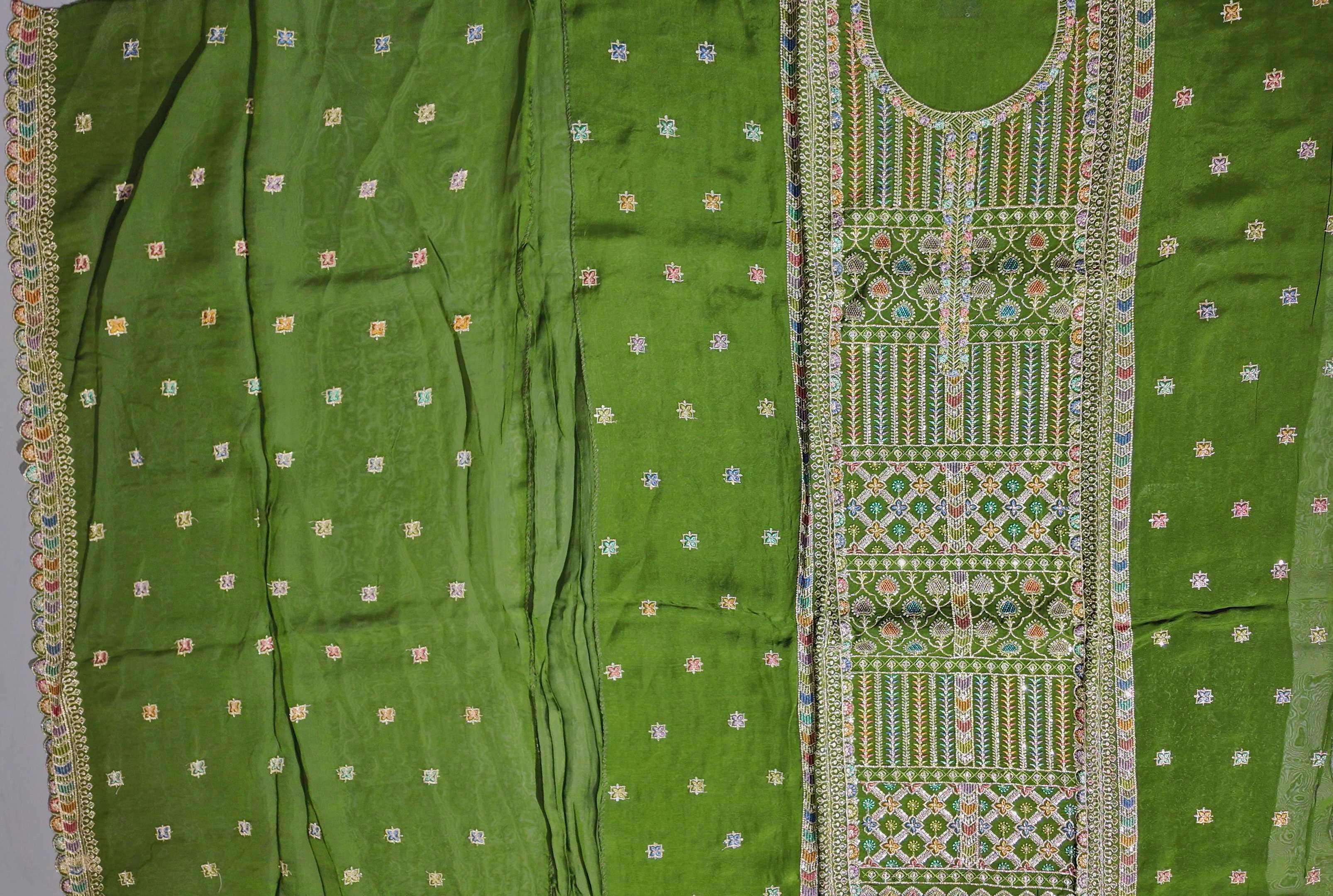 Verdant Elegance: Handcrafted Floral Unstitched Suit Set",