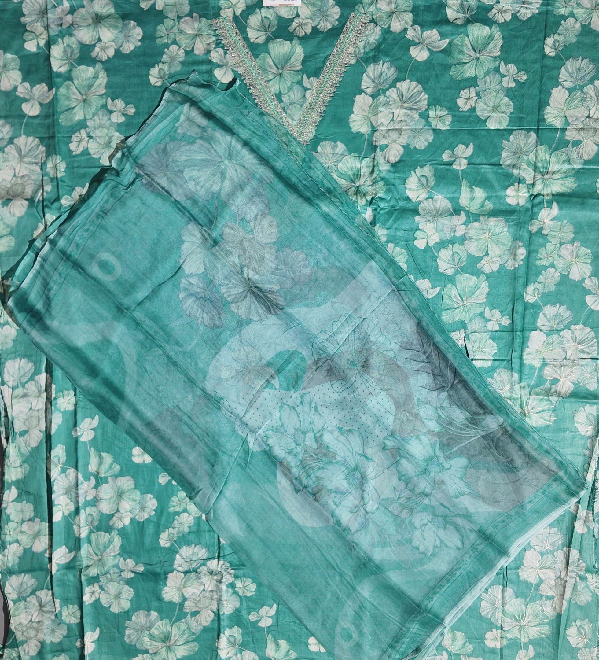 Serene Aqua Blossoms: Unstitched Suit with Intricate Lace