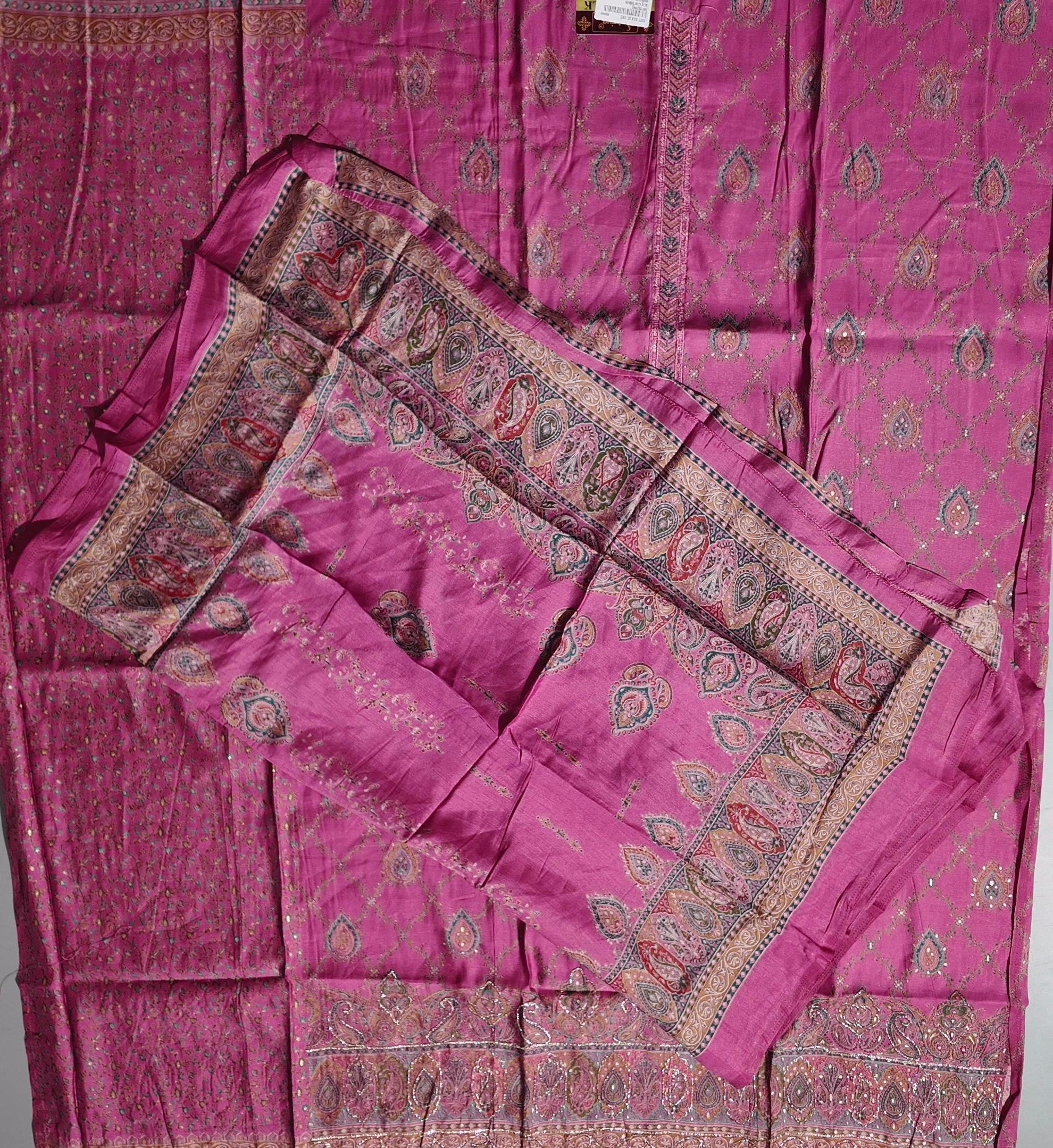 Ornate Fuchsia Dream: Unstitched Silk Suit with Intricate Motifs",