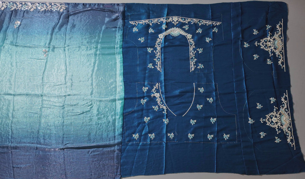 Midnight Indigo Unstitched Suit with Intricate Floral Embroidery",