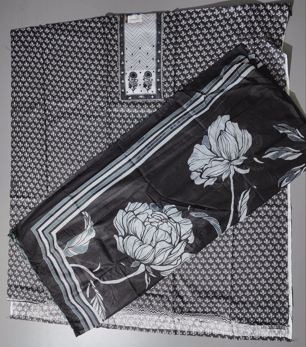 Monochrome Majestic: Unstitched Ensemble with Intricate Floral Designs