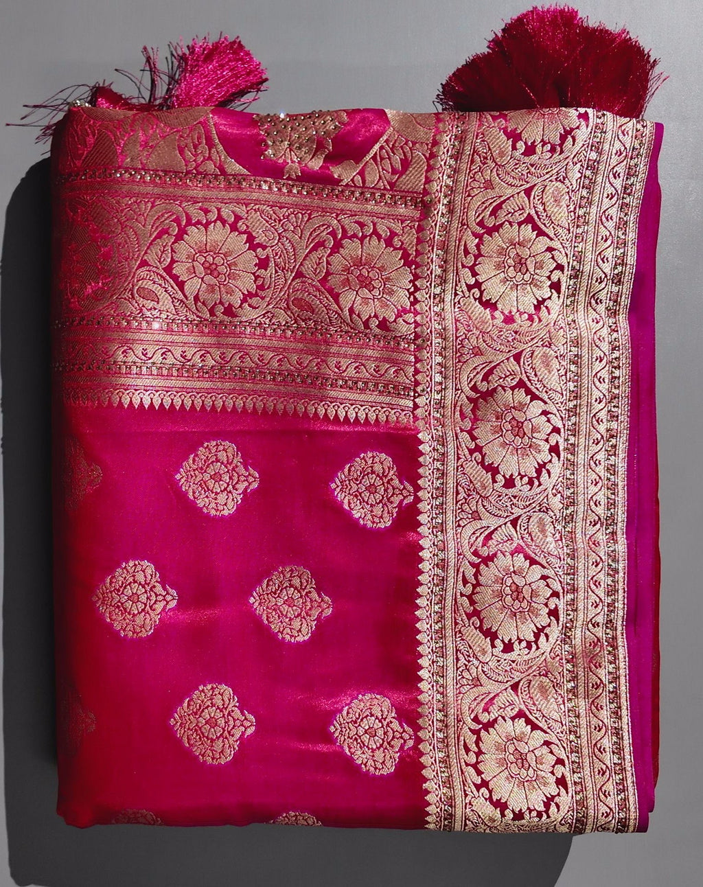 Vibrant Rose Red Silk Saree with Golden Brocade Accents",
