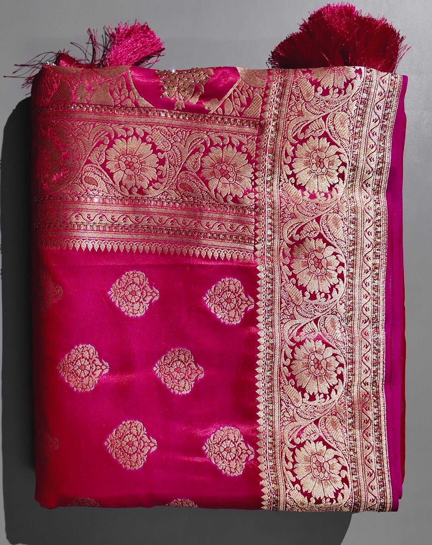 Vibrant Rose Red Silk Saree with Golden Brocade Accents",