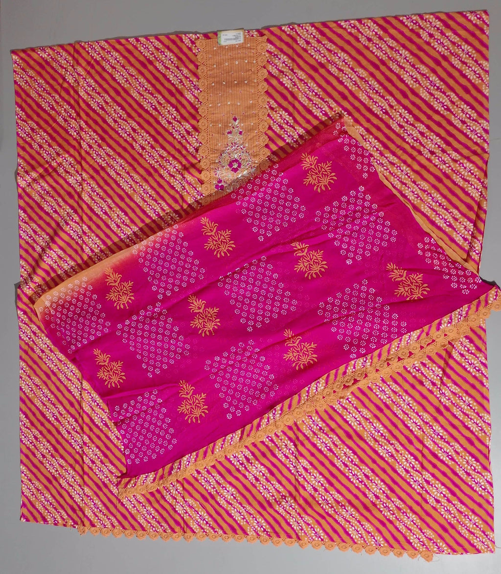 Vibrant Tangerine & Magenta Unstitched Suit with Intricate Embroidery
