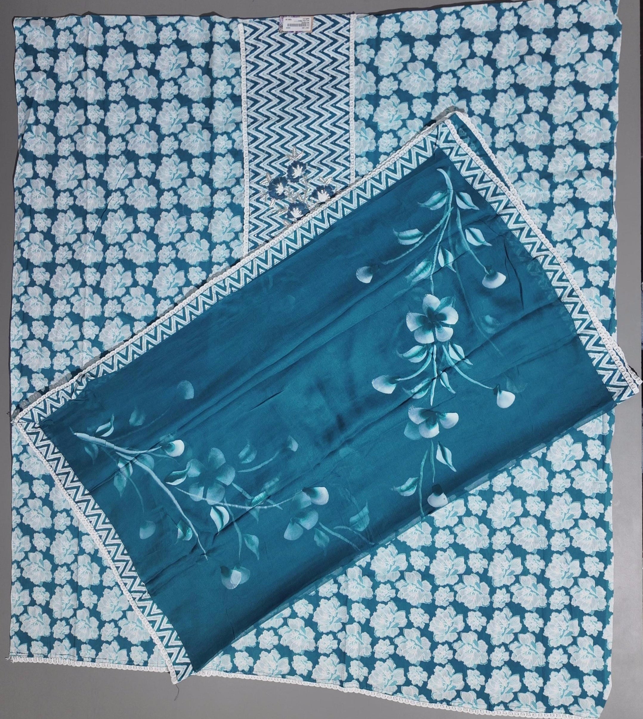 Azure Blossom Unstitched Suit: Artistry in Blue and White