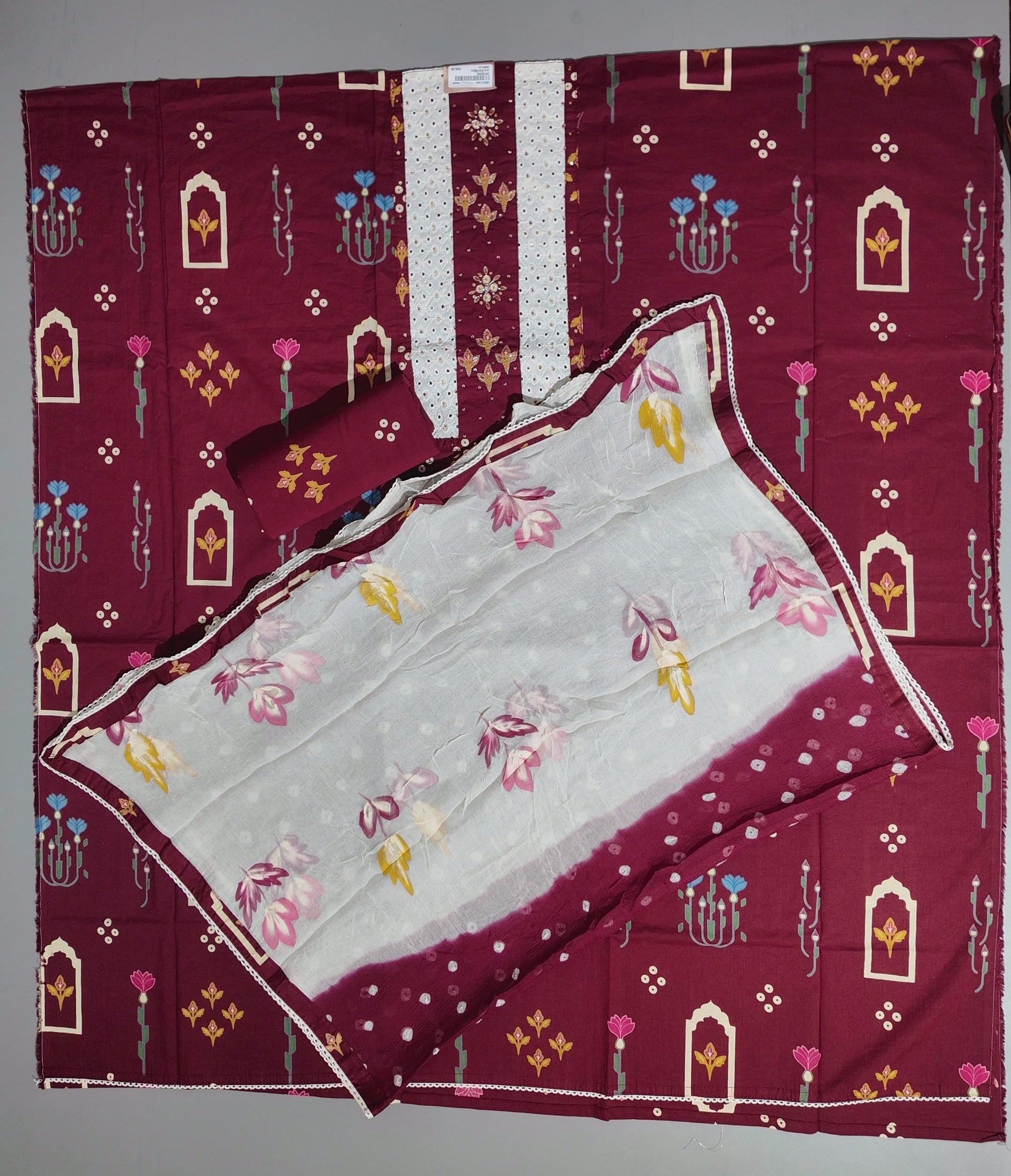 Regal Maroon & Ivory Unstitched Suit with Intricate Embroidery