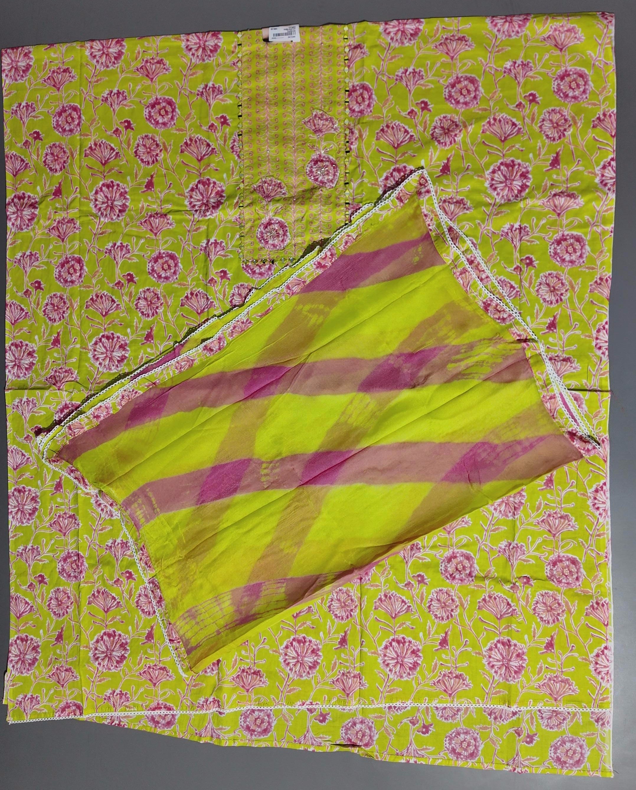 Floral Whimsy: Unstitched Vibrant Lime Suit Fabric