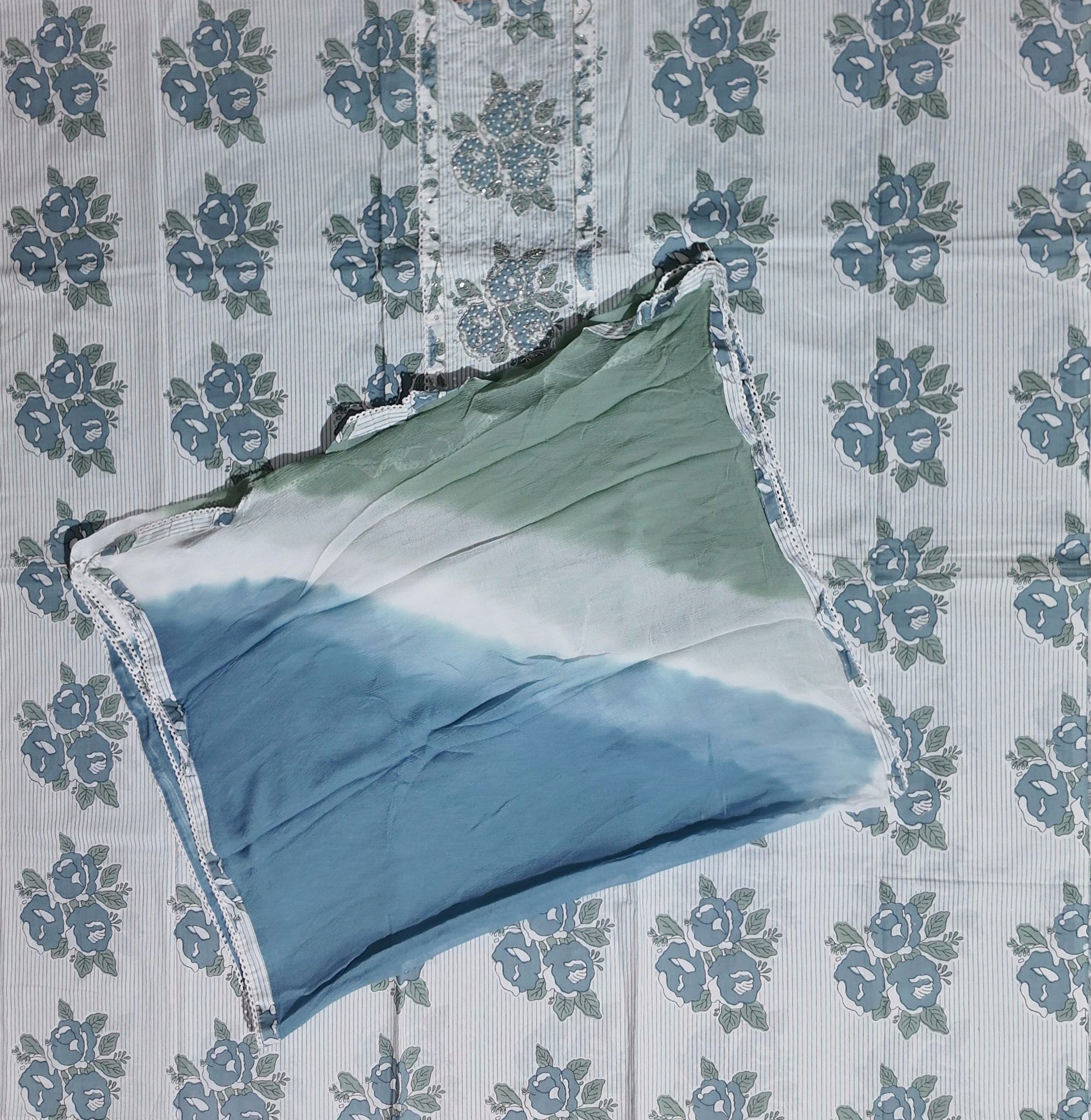 Blossom in Blue: Serene Floral Unstitched Suit