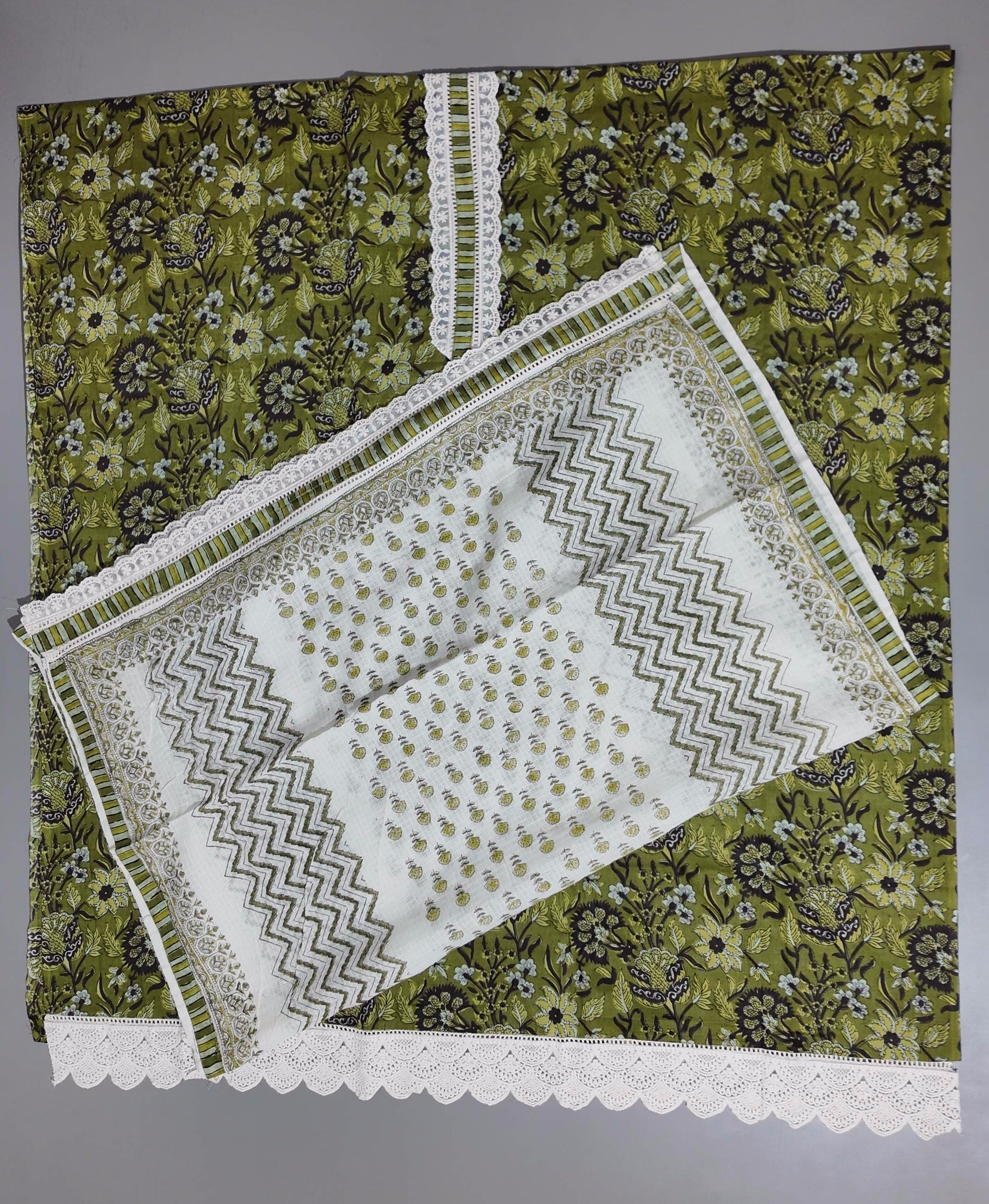 Botanical Bliss Unstitched Suit with Intricate Lace Detail