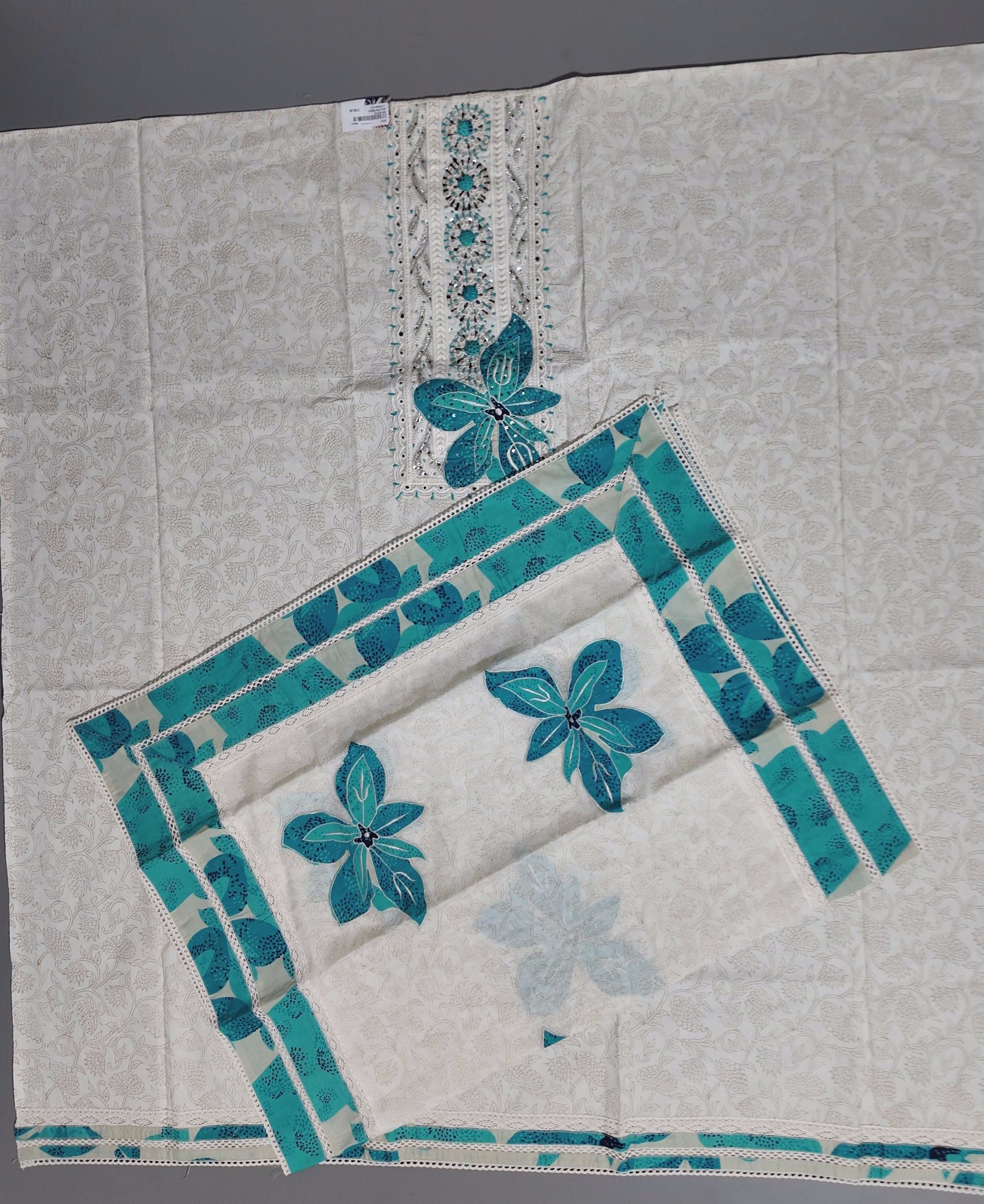 Chic Ivory & Turquoise Embroidered Unstitched Suit