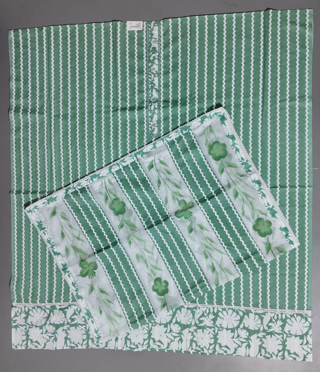 Zigzag Allure: Green Waves Unstitched Suit Set