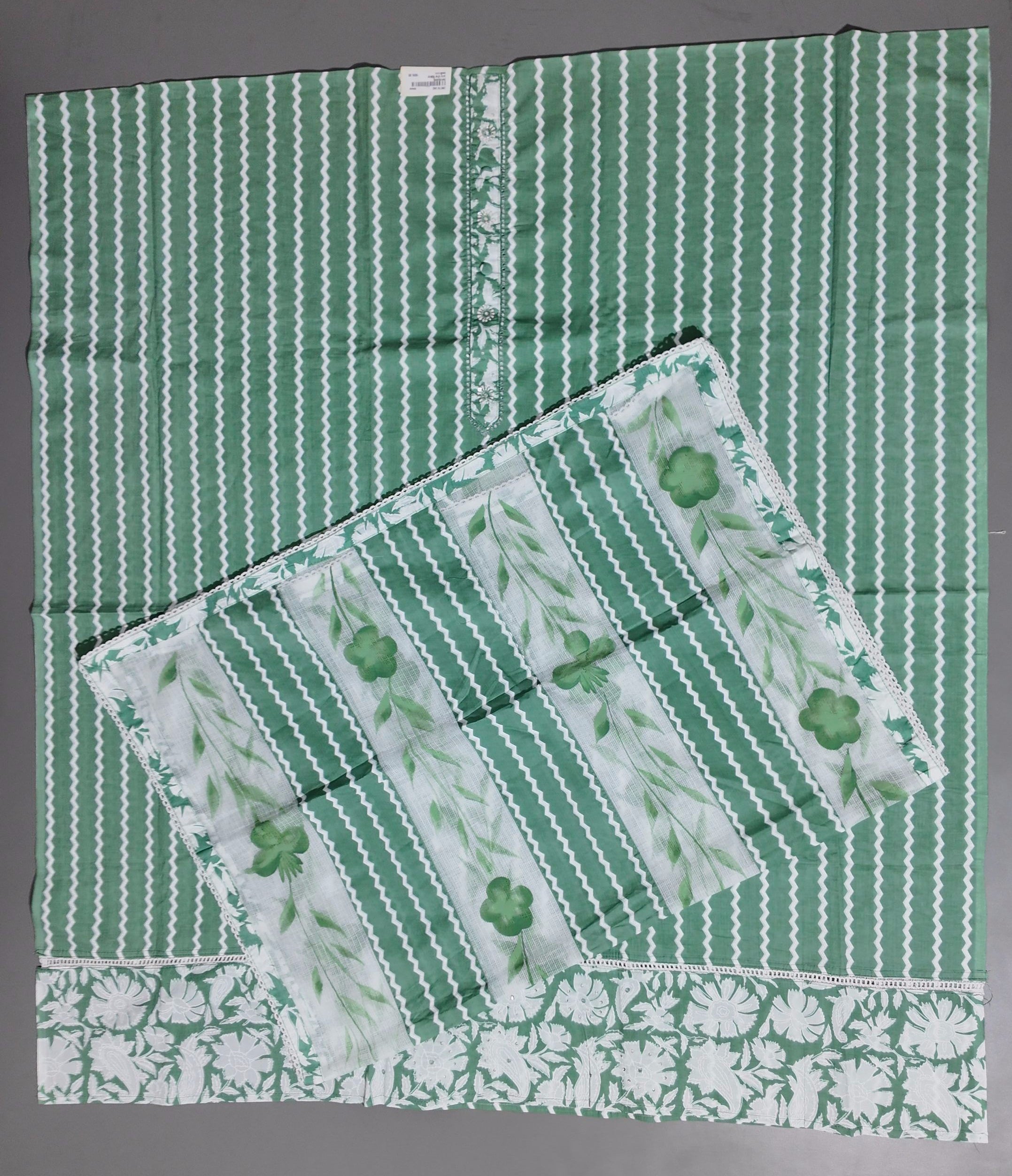 Zigzag Allure: Green Waves Unstitched Suit Set