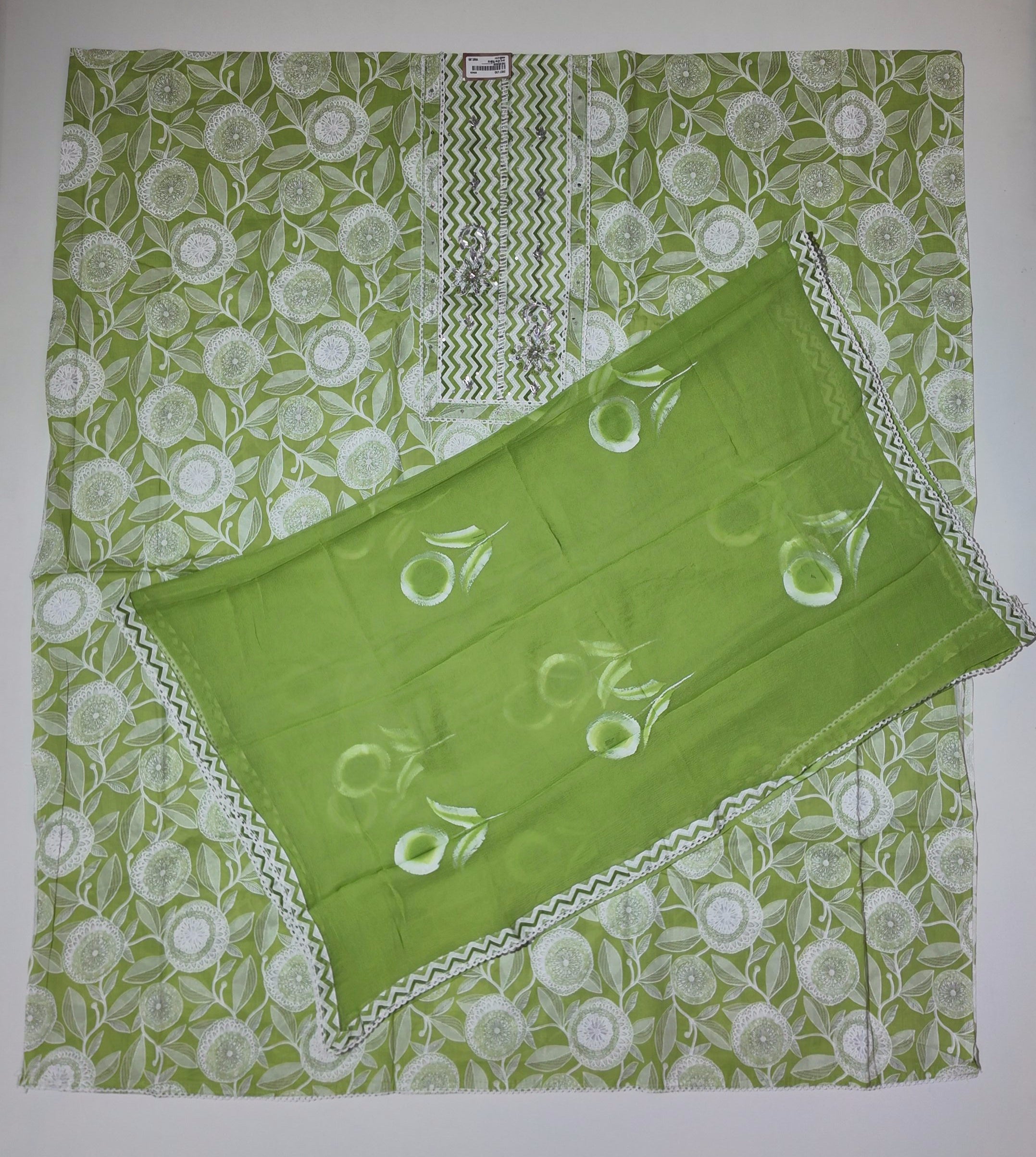 Vibrant Green Chevron & Floral Unstitched Suit