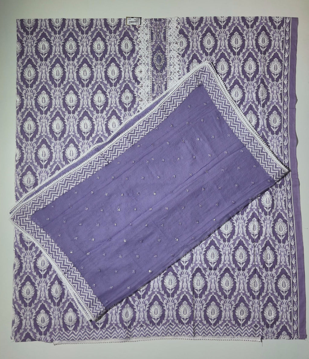 Artisan Lavender Elegance: Intricate Lace Unstitched Suit