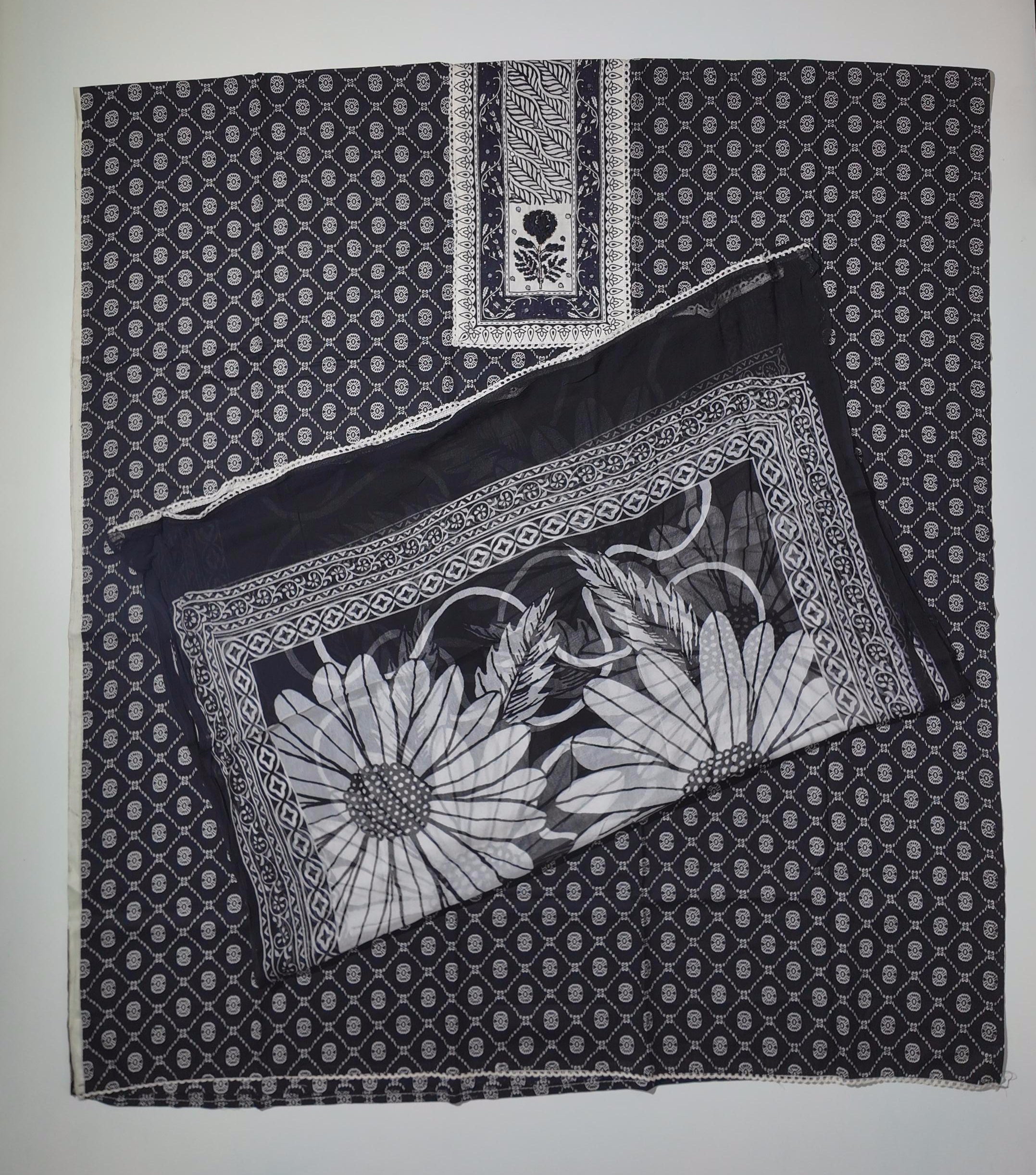 Timeless Black & White Botanical Unstitched Suit Fabric