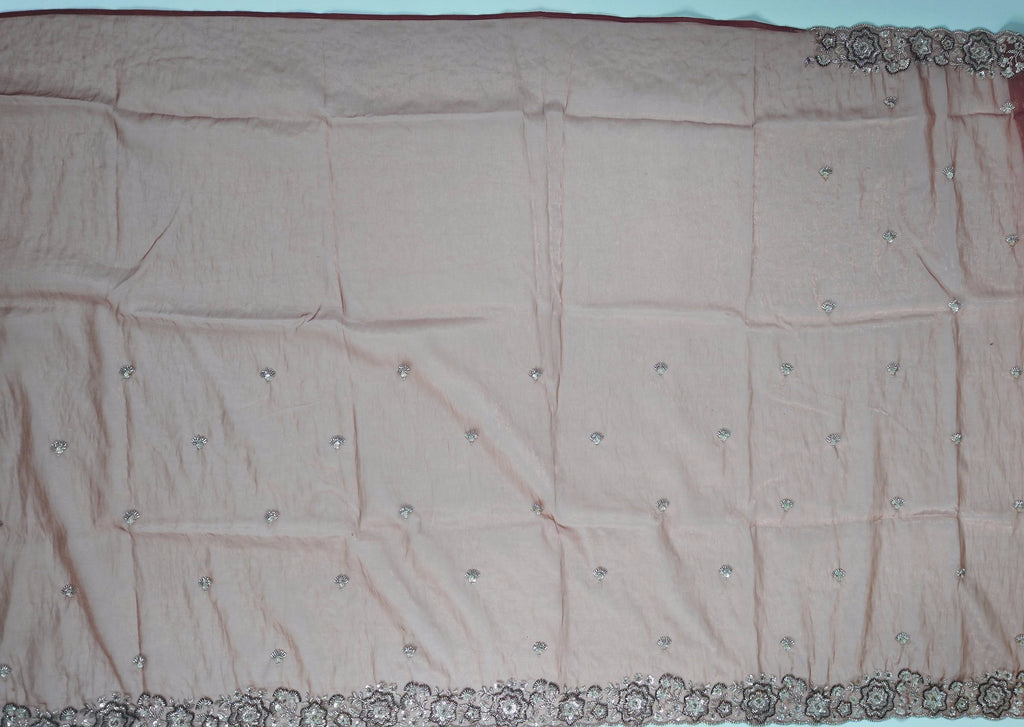 Embroidered Rust Silk Saree with Intricate Metallic Threadwork",