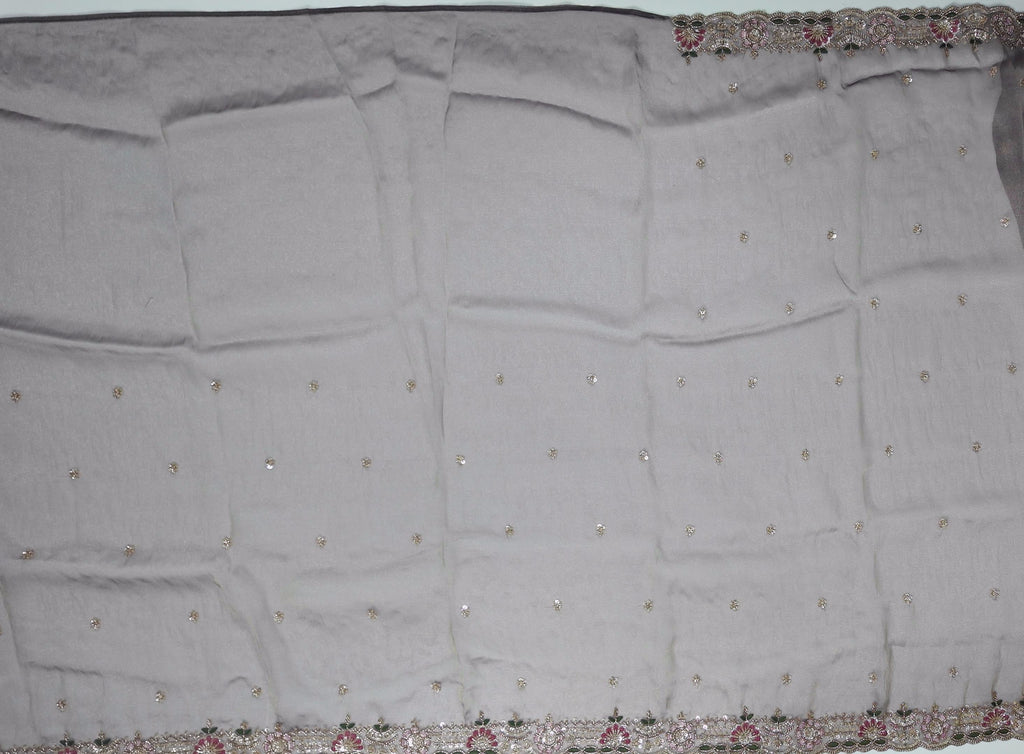 Opulent Charcoal Saree with Intricate Floral Embroidery",