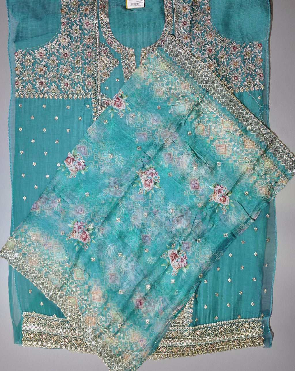 Embroidered Serenity: Teal Unstitched Suit Marvel