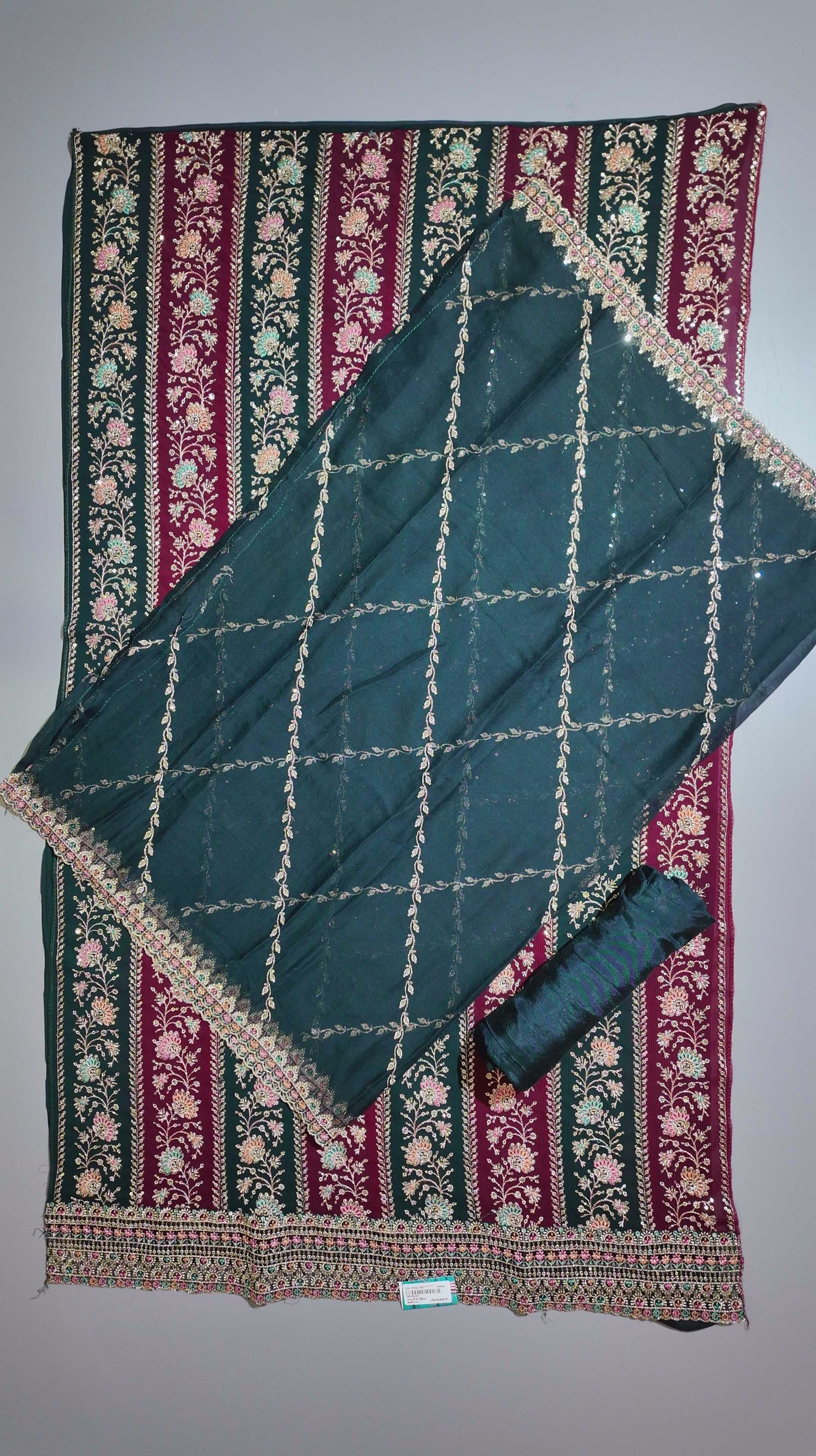 Rich Maroon & Green Floral Tapestry Unstitched Suit",