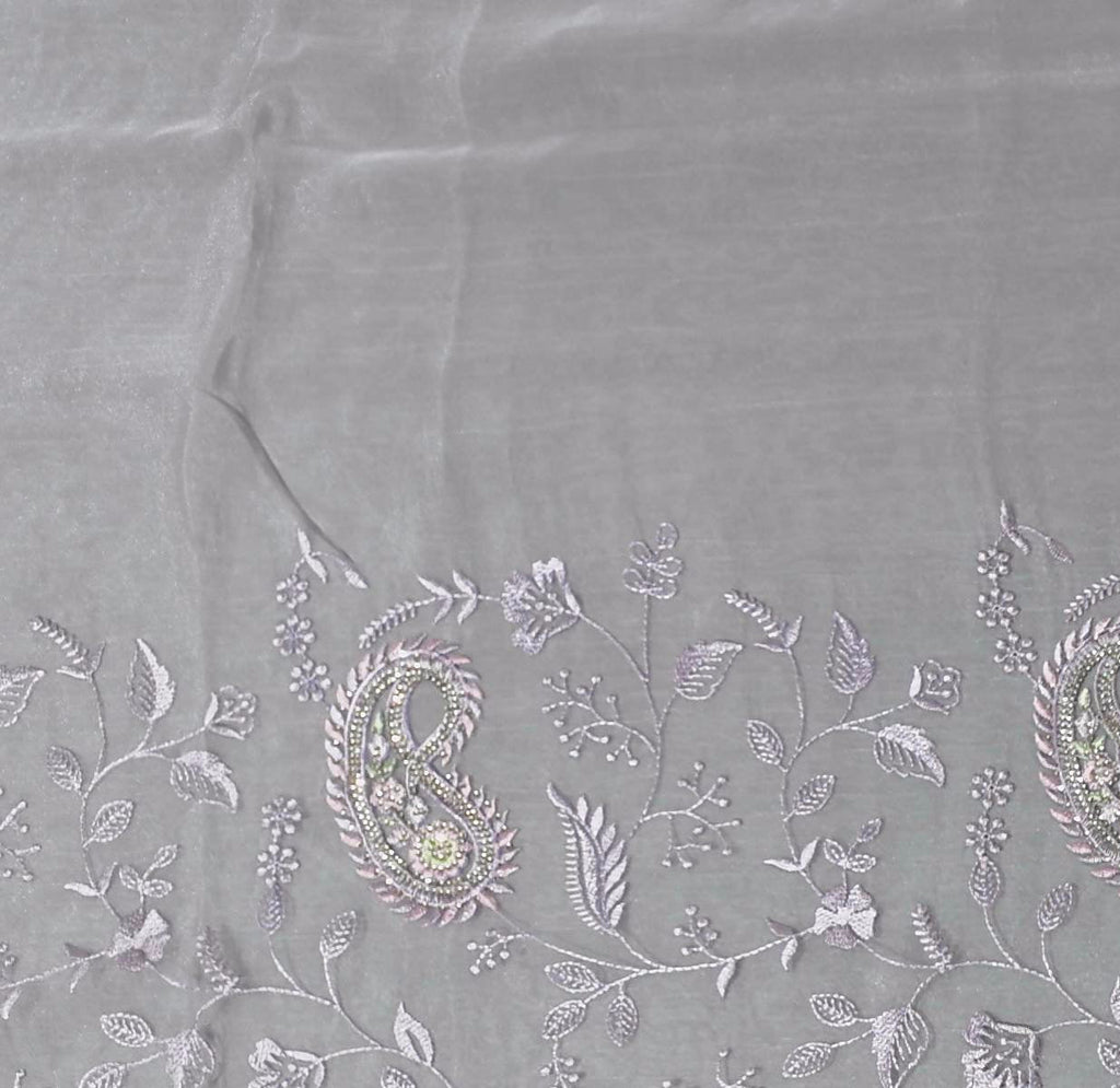 Pastel Lavender Dream: Floral Embroidered Saree",