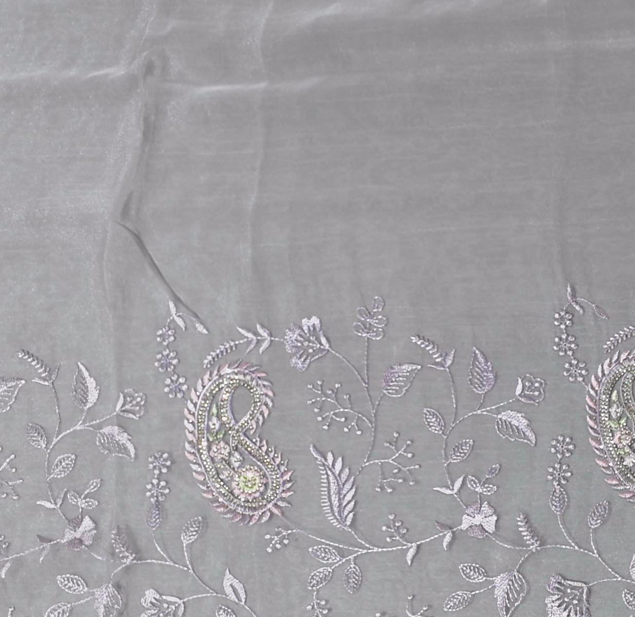 Pastel Lavender Dream: Floral Embroidered Saree",