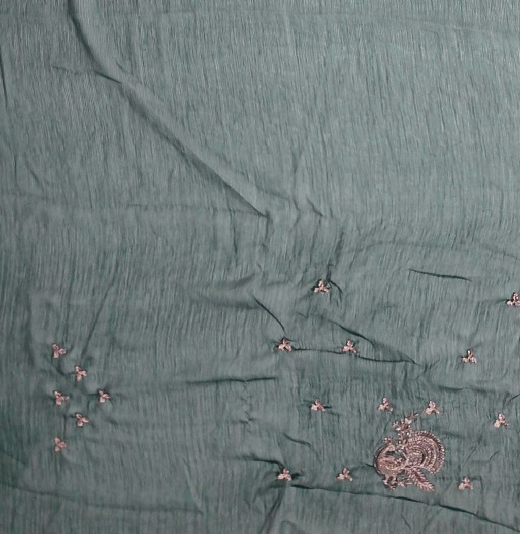 Luxurious Green Embroidered Saree with Peacock Motifs",