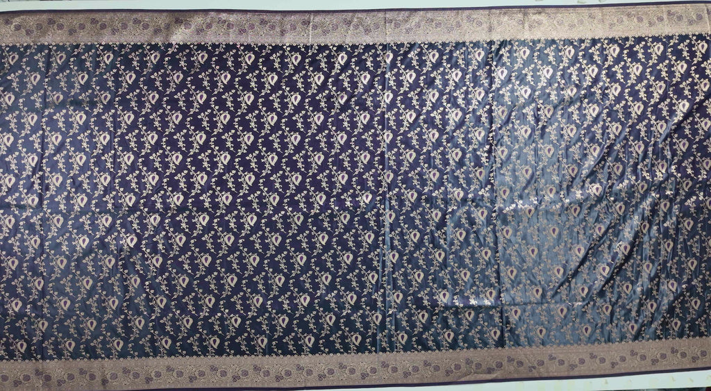 Regal Midnight Blue Saree with Intricate Gold Brocade",