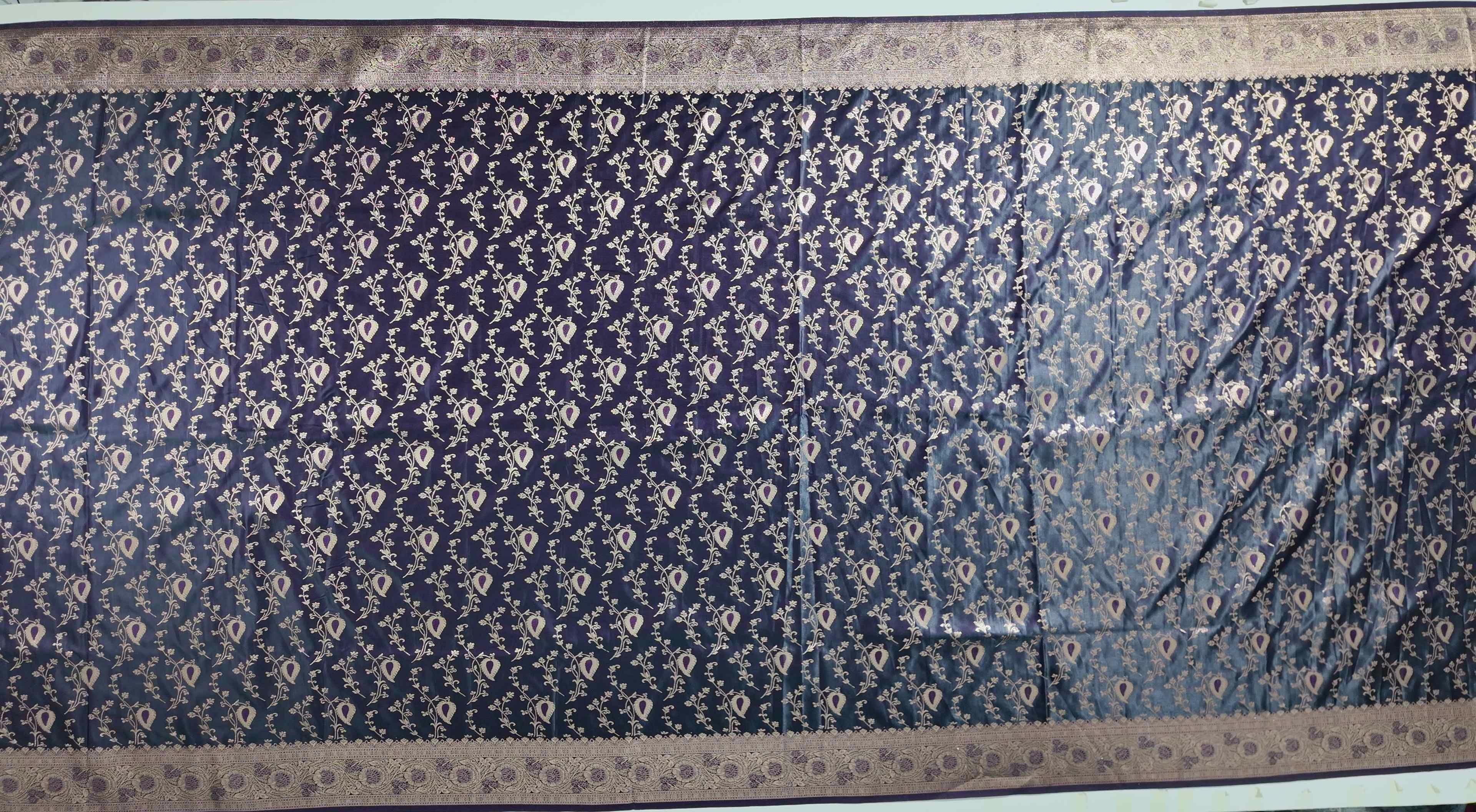 Regal Midnight Blue Saree with Intricate Gold Brocade",