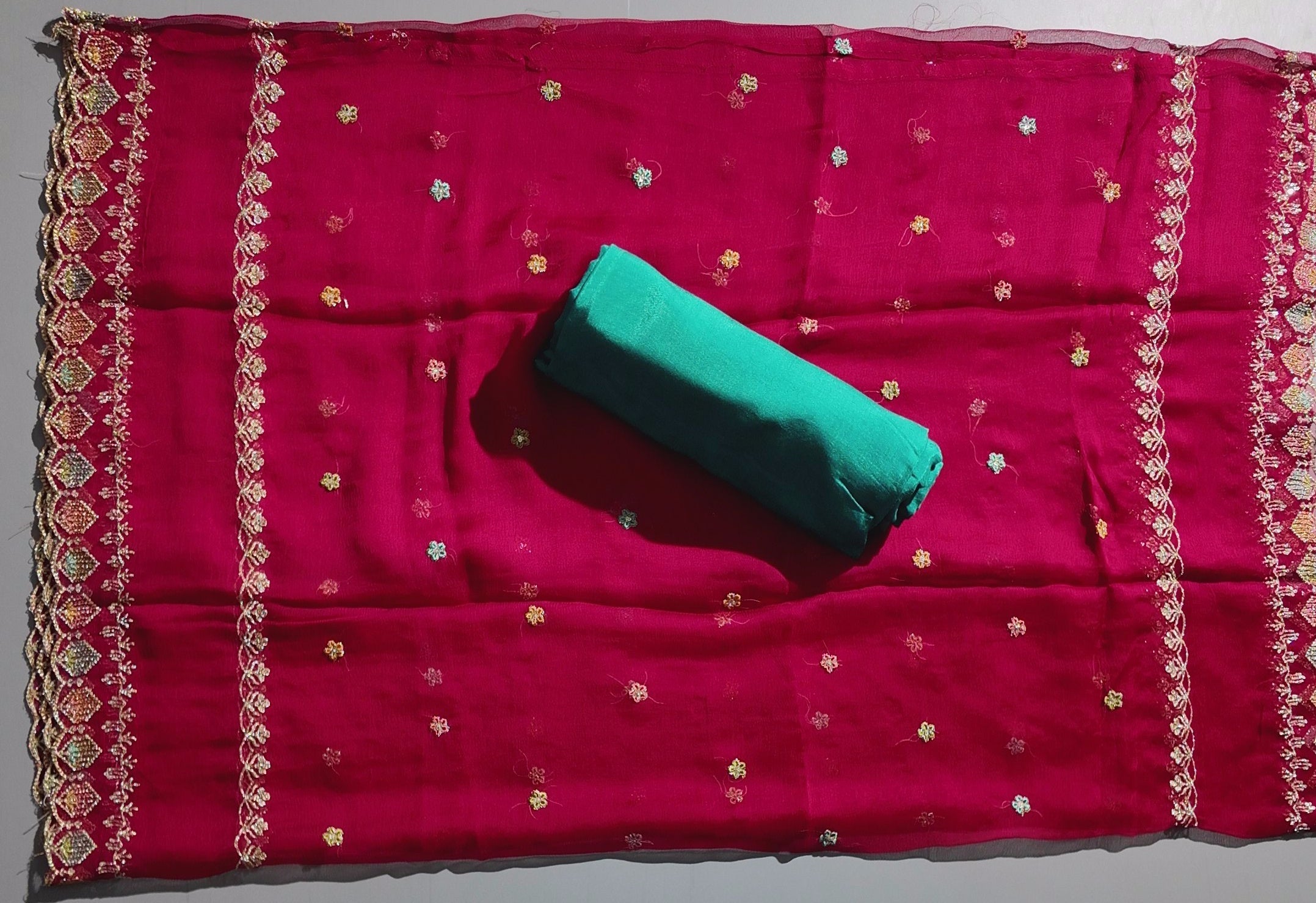 Vibrant Magenta Unstitched Suit with Intricate Embroidery