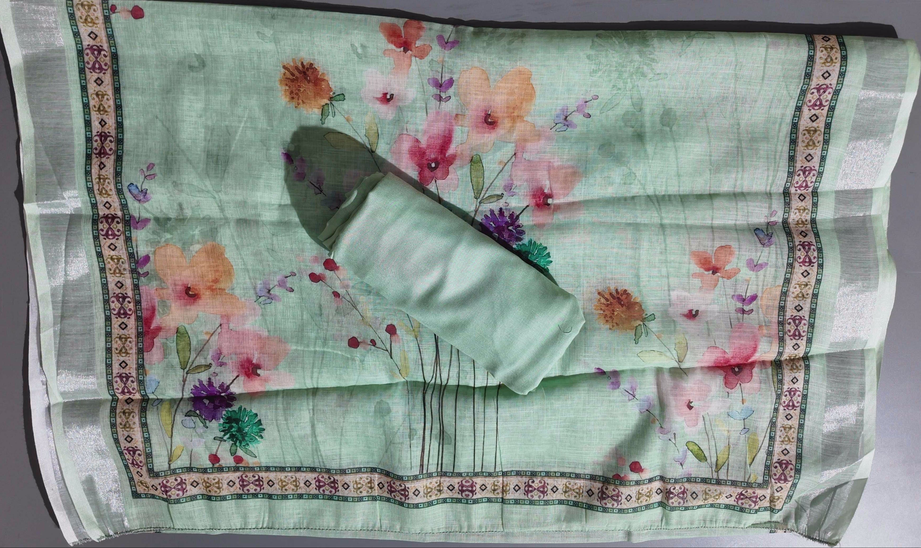 Floral Fantasy: Refreshing Mint Unstitched Suit Set",