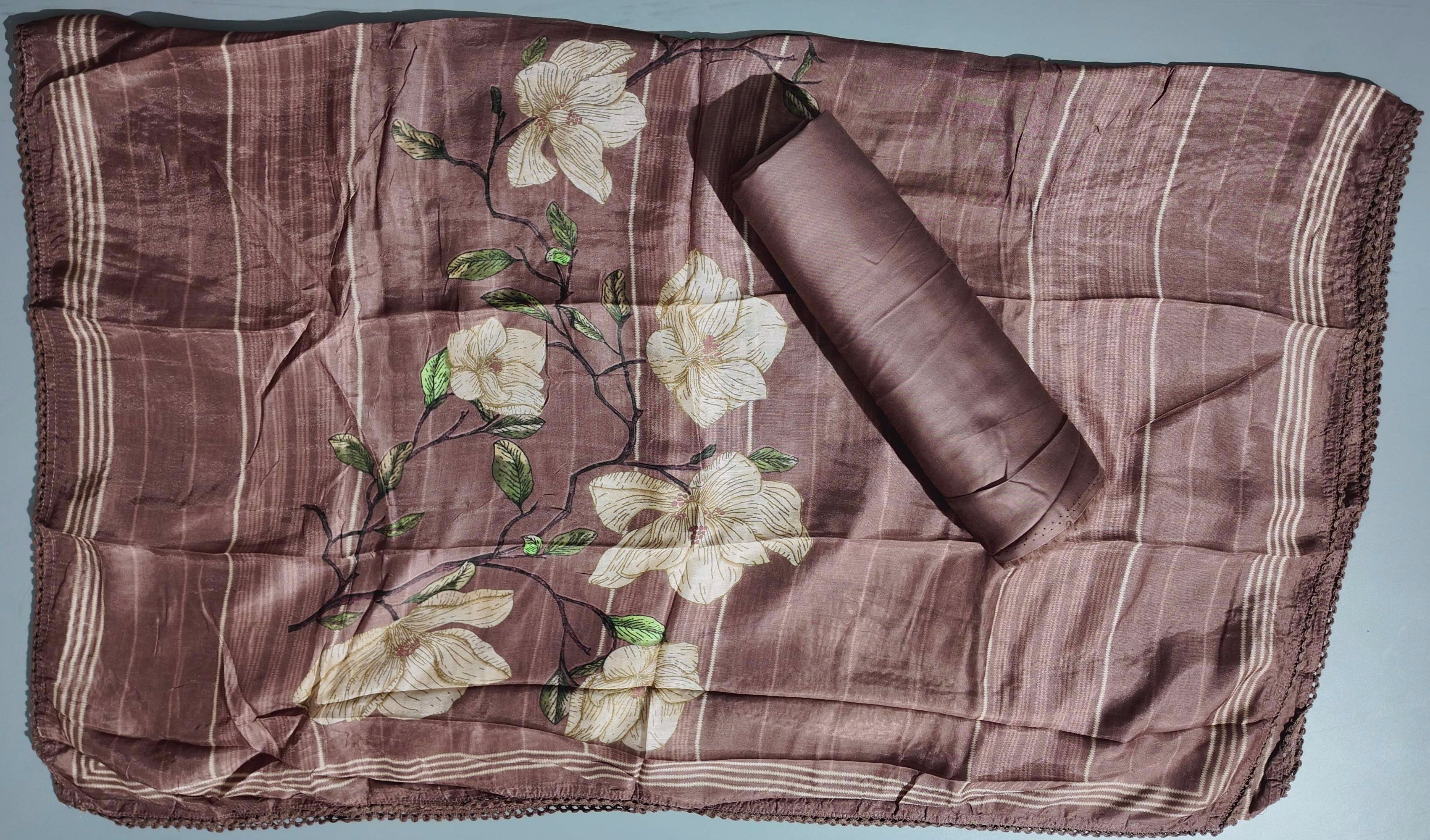 Charming Chocolate Unstitched Suit with Floral Embroidery",