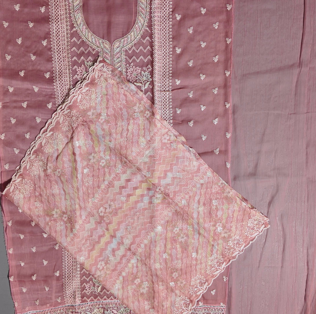 Chic Coral Unstitched Suit: Intricate Embroidery & Luxurious Texture