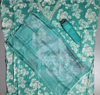 Serene Aqua Blossoms: Unstitched Suit with Intricate Lace