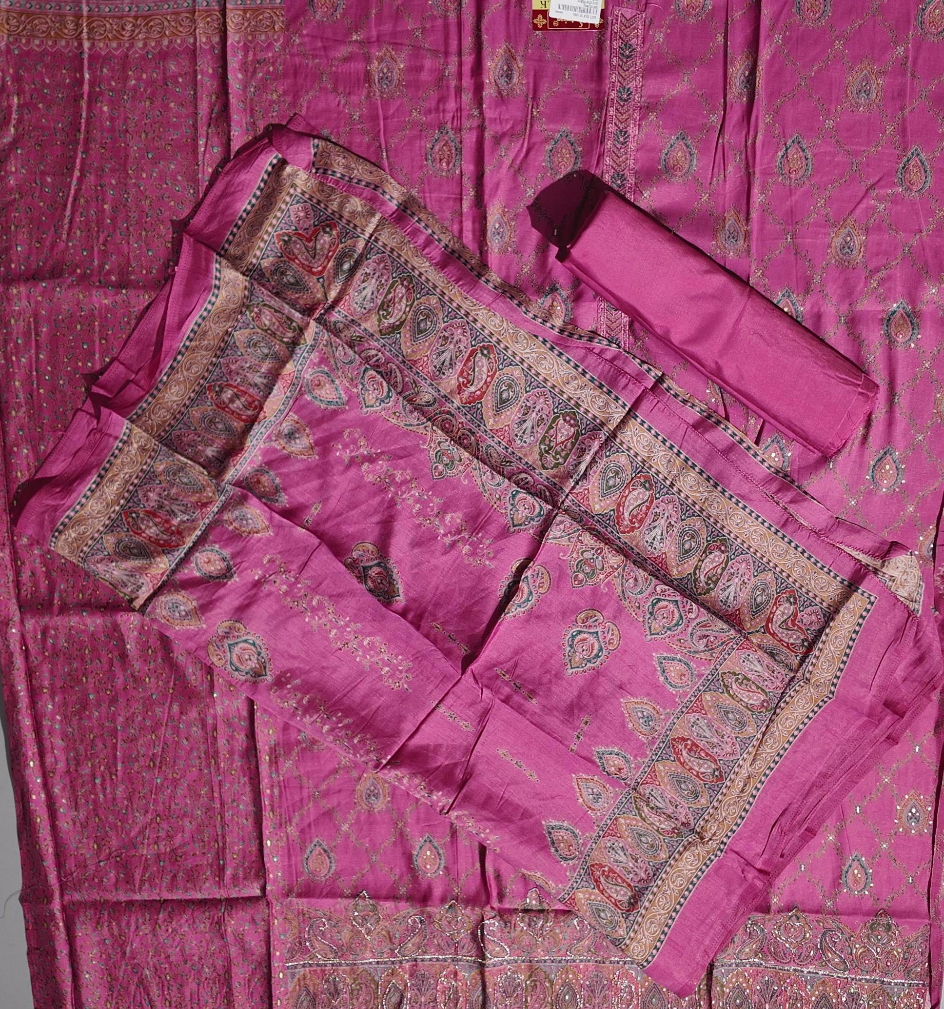 Ornate Fuchsia Dream: Unstitched Silk Suit with Intricate Motifs",