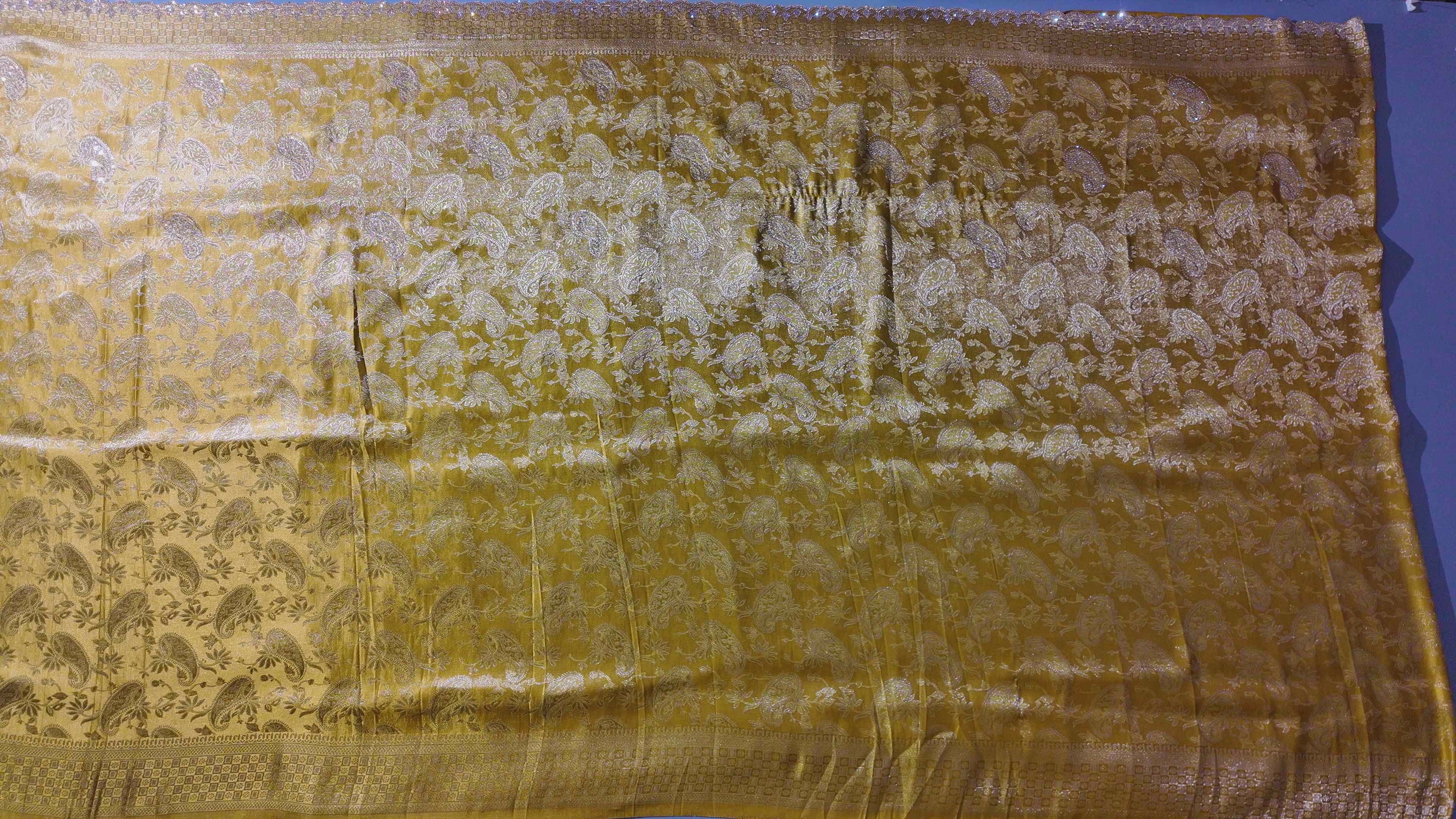 Regal Golden Paisley Unstitched Suit for Festive Elegance",