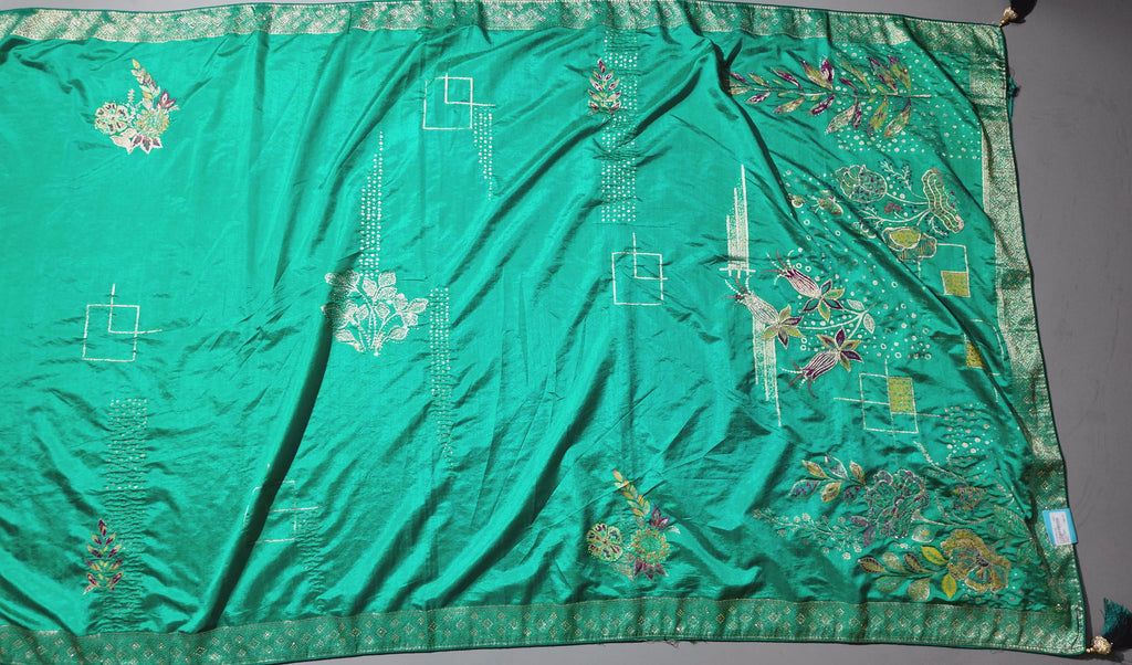 Opulent Floral Unstitched Suit in Vibrant Teal",