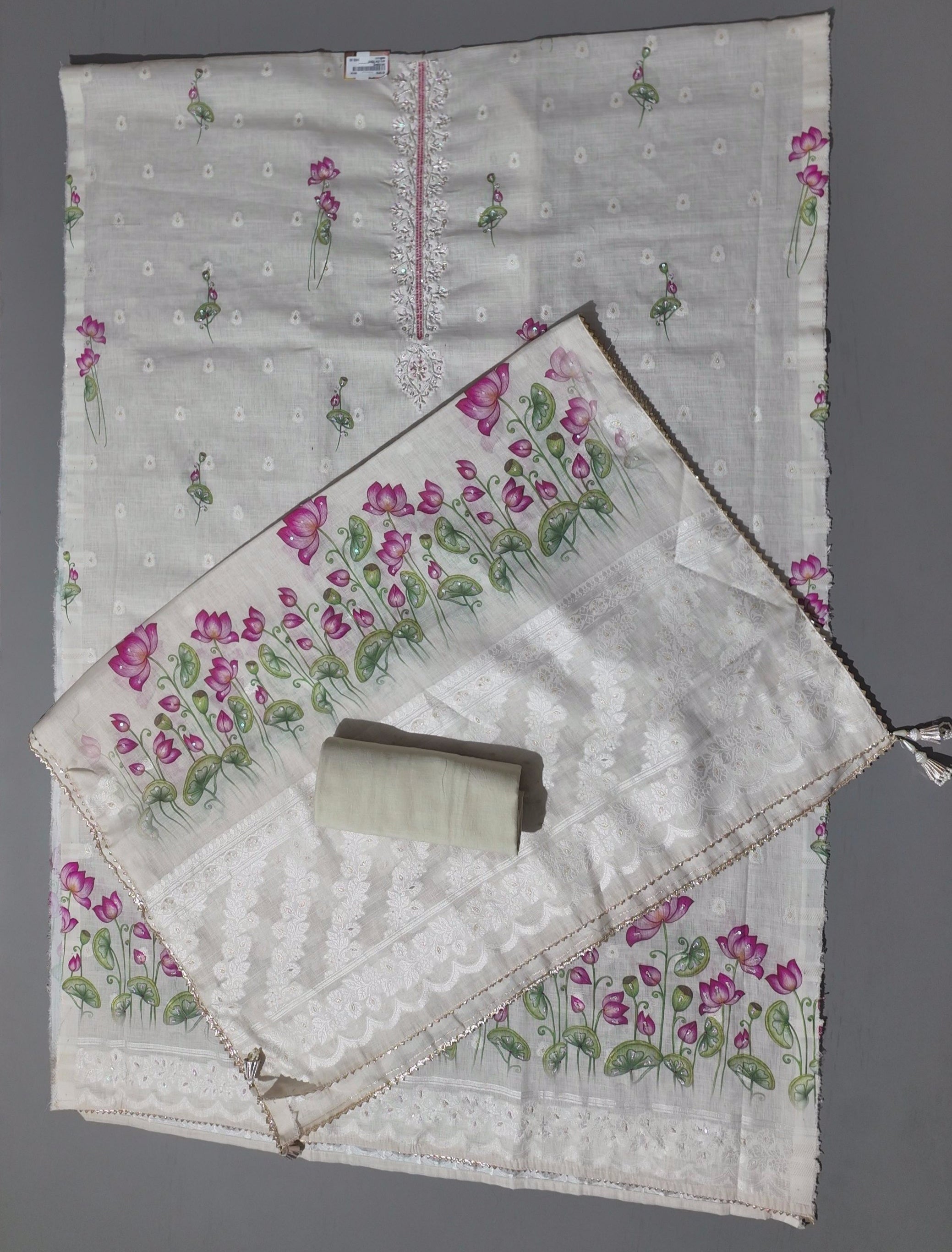 Exquisite Lotus Embroidered Unstitched Suit in Ivory Bliss