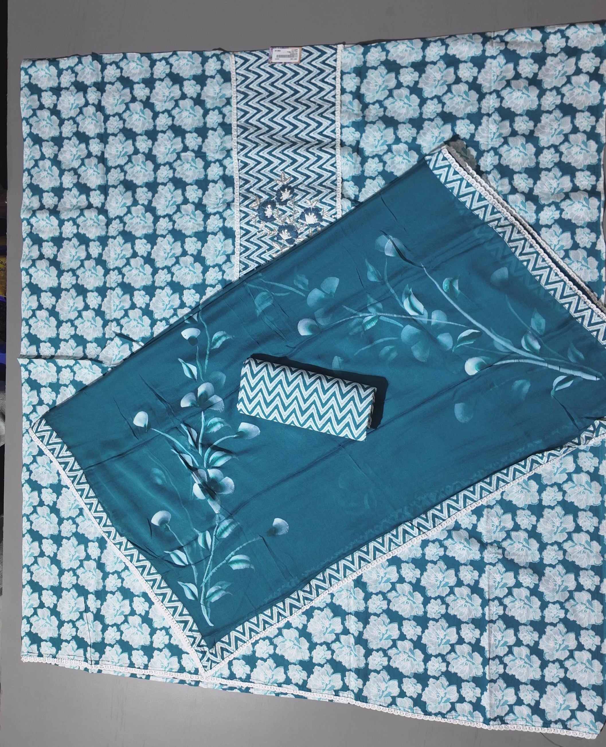 Zigzag Delight: Vibrant Unstitched Suit in Azure Bloom