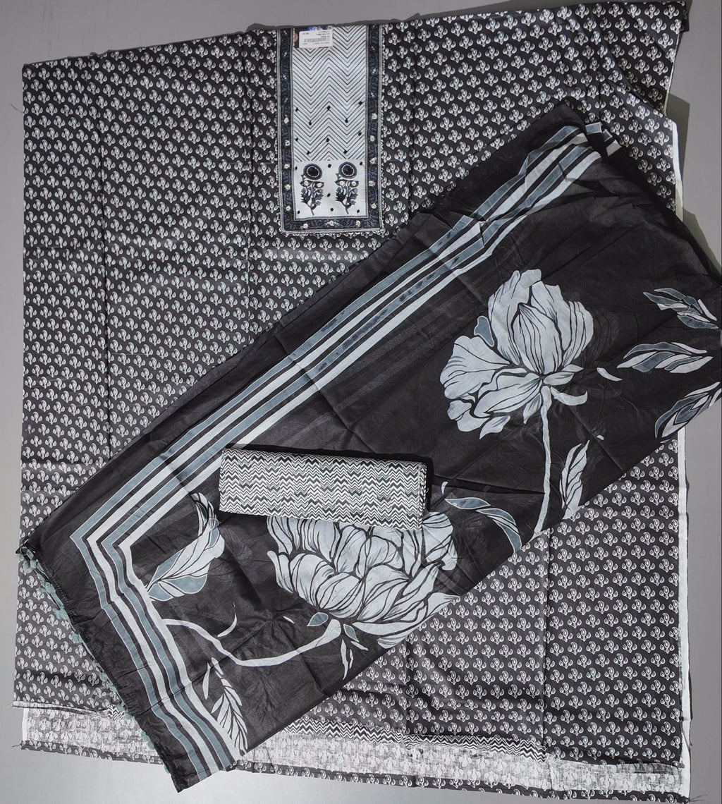 Monochrome Majestic: Unstitched Ensemble with Intricate Floral Designs