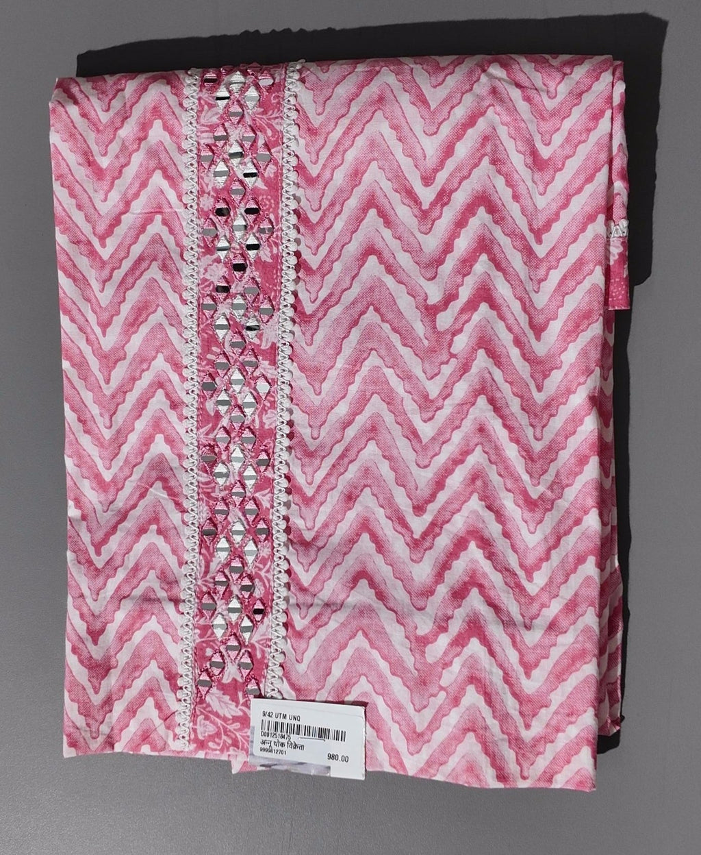 Zigzag Allure: Pink Chevron Unstitched Suit with Mirror Embellishments